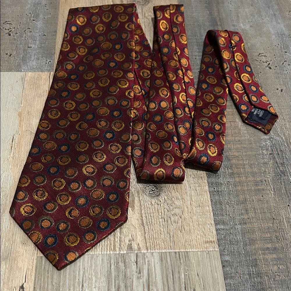 Lands' End Men’s Burgundy Gold Circle Pattern Tie 100% Silk Career Office